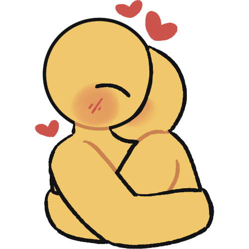 two emoji yellow figures embracing, in a side view. one's head is tucked against the other's neck, and there were little pink hearts around it.